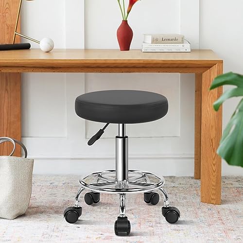 WKWKER Round Rolling Stool with Footrest PU Leather Height Adjustable 360° Swivel Stool with Wheels Office Stool Chair Home Drafting Work Studio Shop SPA Salon Small (Grey)