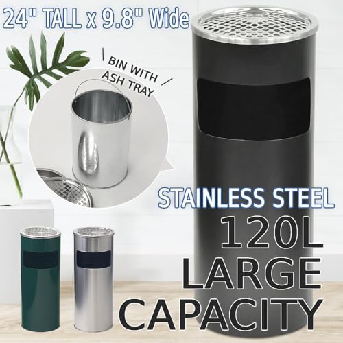 Japard Outdoor Ashtray Trash Can, Stainless Steel Garbage Can, Round Commercial Waste Bin Container Receptacle for Office, Hotel Silver