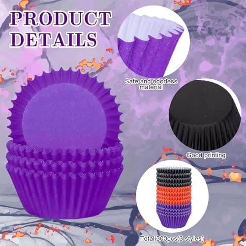 Whaline 300Pcs Halloween Cupcake Liners Black Purple Orange Cupcake Wrappers Muffin Liners for Halloween Party Supplies Table Decor