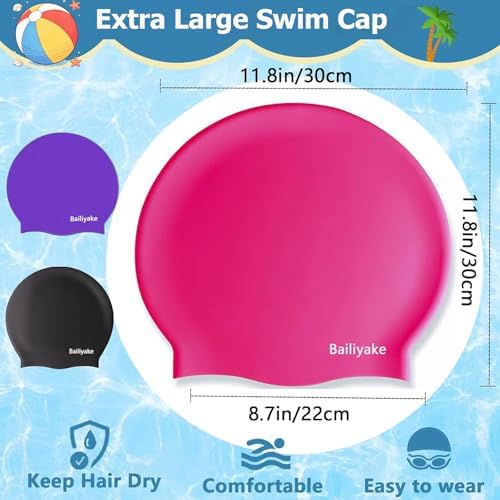 3 Pack Extra Large Swim Cap for Braids & Dreadlocks - Waterproof Silicone Swim Hat for Women with Long Thick Hair, Protective Swim Cap Cover Ears for Swimming, Shower, Bathing