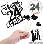 24th Birthday Cake Decorations Set Include 24th Birthday Candles Numeral 24 Cake Candles and Happy 24th Birthday Cake Toppers with Heart Star Cupcake Picks for Birthday Party (Black Serise)