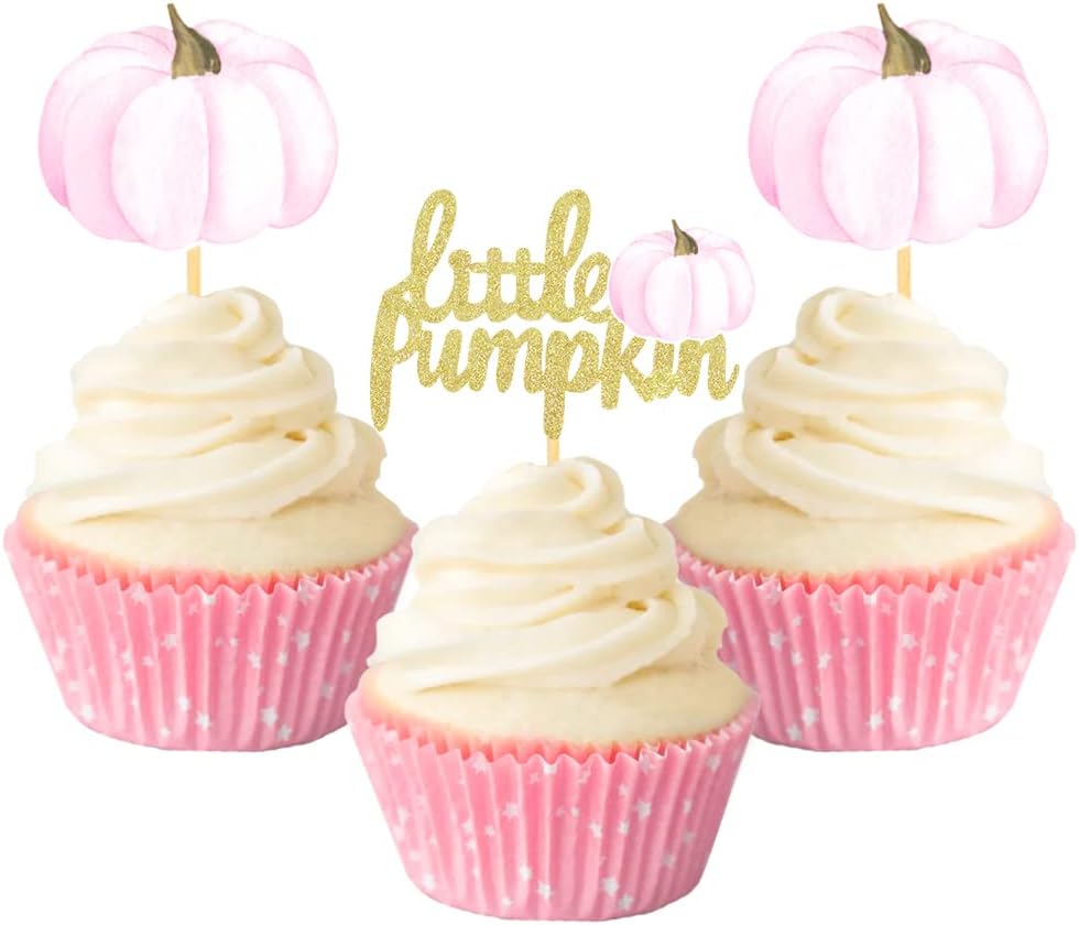 24Pcs Little Pumpkin Cupcake Toppers Baby Shower Decorations Pumpkin Birthday Supplies Cupcake Picks Pumpkin Gender Reveal Cupcake Toppers (pink)