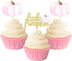 24Pcs Little Pumpkin Cupcake Toppers Baby Shower Decorations Pumpkin Birthday Supplies Cupcake Picks Pumpkin Gender Reveal Cupcake Toppers (pink)