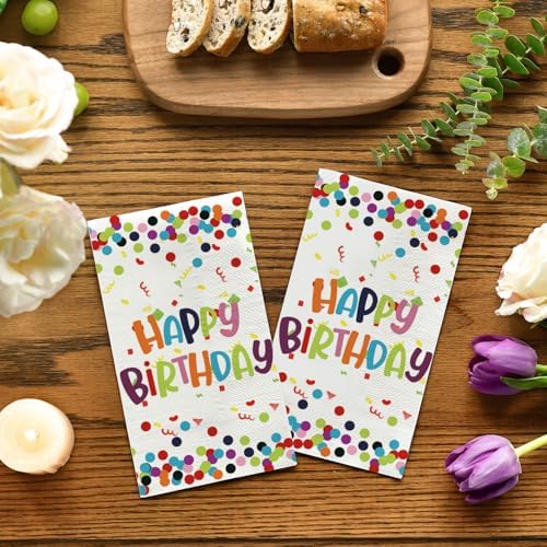 Horaldaily 100 Birthday Disposable Paper Decorative Guest Napkins, Happy Birthday Dots Streamers Hand Towel for Party Lunch Dinner Kitchen Bathroom