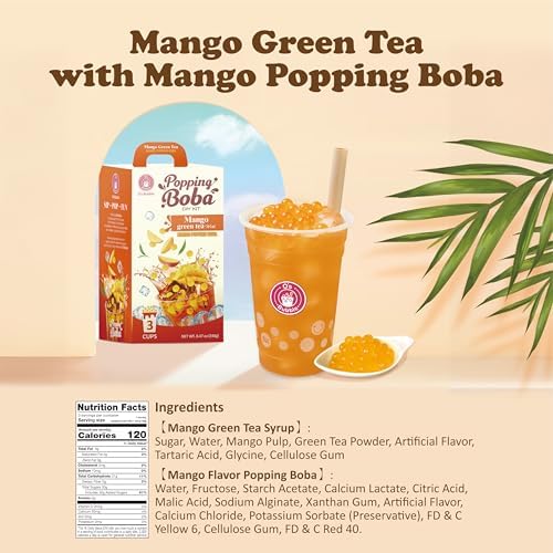 O’s Bubble Peach Green Tea – DIY Boba Kit with 3 Peach Syrup Packs & 3 Mango Popping Boba – Make Fruity Bubble Tea at Home – 3 Servings Included (Mango Green Tea)