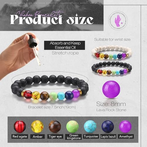 Huquary 24 Pcs Chakra Bracelets for Women Volcanic Rock 7 Chakras Crystals and Healing Stones Bracelets 8mm Natural Stone Yoga Beaded Wristlet for Women Men Essential Oil Diffuser