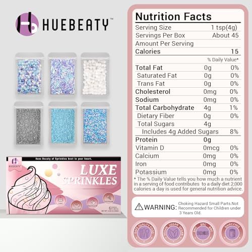 HUEBEATY® 6-in-1 Frozen Snowflakes Sprinkles for Cake Decorating- 180g Winter Cake Sprinkles with Jimmies, Nonpareils, Blue & Silver Sugar, Edible Frozen Cake, Cupcake Toppers & Birthday Decorations for Cakes, Cupcakes, Cookies & Icecream