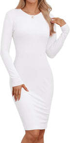 Qaffier Bodycon Dresses for Women Long Sleeve Dress Casual Crew Neck Slim Fitted Fleece Midi Dresses