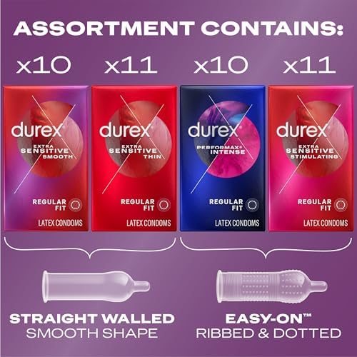 Durex Pleasure Pack Assorted Thin Condoms, Exciting Mix of Sensation and Stimulation, Lubricated Natural Rubber Latex Condoms for Men, 42 Count