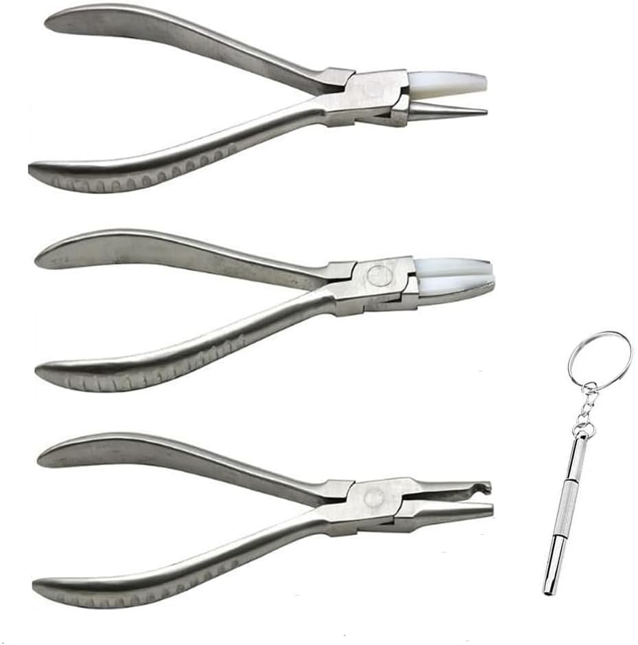 Airgoesin 3pcs Nose Pad Arm Adjusting Pliers Hand Tool Frames Eye Glasses Repair Tool Round Nylon Jaw Eyeglasses Frame Pliers Optical Pliers Eye Glasses Adjusting Pliers + 1 Mini Screwdriver