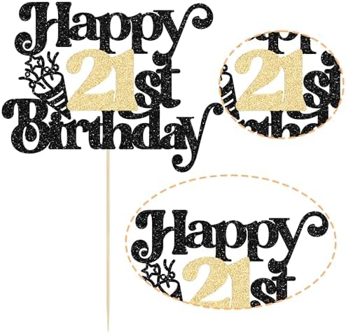 Gyufise 1Pc Happy 21st Birthday Cake Topper Glitter Happy Birthday Cake Pick Cheers to 21 Years for 21st Anniversary Wedding Party Cupcake Decorations Supplies Black Gold