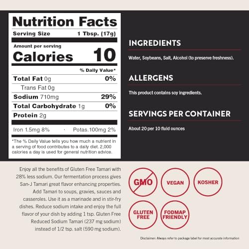 San-J - Gluten Free Tamari Soy Sauce with 28% Less Sodium - Specially Brewed - Made with 100% Soy - 10 oz. Bottles - 6 Pack