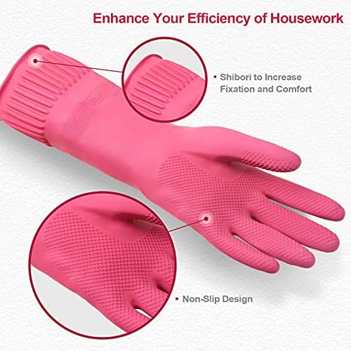 DABOGOSA Mamison 2 Pairs Reusable Waterproof Household Dishwashing Cleaning Rubber Gloves, Non-Slip Kitchen Glove (Pink, Medium (Pack of 2))