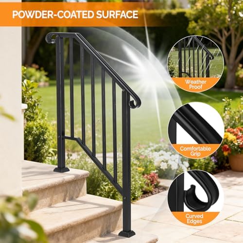 VINGLI Handrails for Outdoor Step, Stair Handrail Fits 1 to 5 Steps, Wrought Iron Hand Rail Stair Railing Kit for Concrete/Porch/Wooden Steps (Black, 2 to 3 Steps)