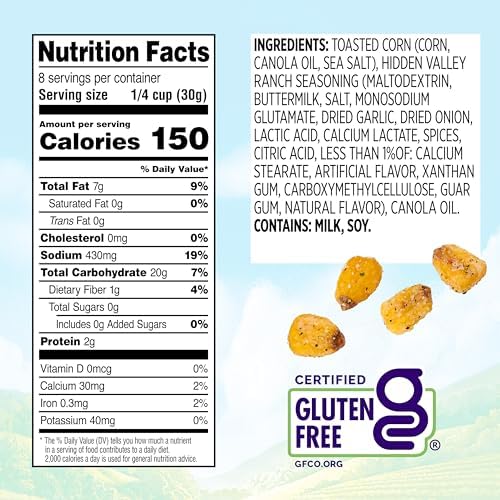 Snak Club Toasted Corn with Hidden Valley Ranch Seasoning, Roasted and Salted Corn Nuggets, Gluten-Free and Kosher Snack, 8.5 oz Resealable Bag