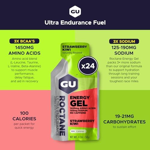GU Energy Roctane Ultra Endurance Energy Gel, Vegan, Gluten-Free, Kosher, and Dairy-Free On-The-Go Sports Nutrition for Running, Biking, Hiking or Skiing, Strawberry Kiwi (24 Packets)