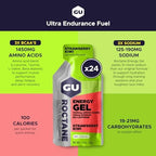 GU Energy Roctane Ultra Endurance Energy Gel, Vegan, Gluten-Free, Kosher, and Dairy-Free On-The-Go Sports Nutrition for Running, Biking, Hiking or Skiing, Strawberry Kiwi (24 Packets)