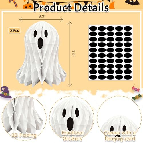 8Pcs Halloween Ghost Hanging Decorations, Large 9.8" x 9.3" Folded Paper Lanterns 3D Cute Ghosts Tree Ornaments, Halloween Party Porches Decor