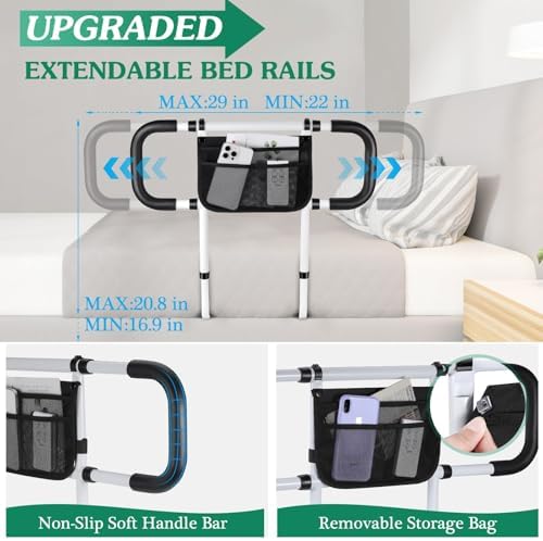 Bed Rails for Elderly Adults Safety - Extended Bed Assist Rail for Seniors - Adjustable Beds Side Rails Handle Support Bar Bed Guard with Storage Bag & Fixing Strap, Fit King Queen Full Twin Beds
