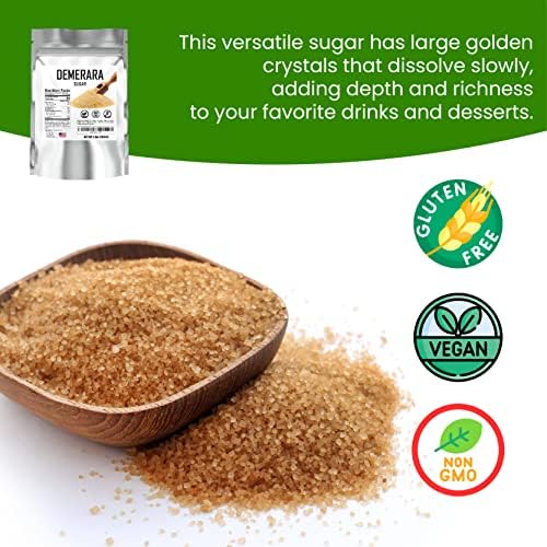 Bulk Demerara Sugar 4 lbs. Pure Unrefined Brown Crystals for Baking and Cooking. Value Size Bag.