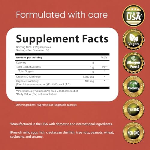 NaturaLife Labs Organic D-Mannose 1300 mg with Organic Cranberry Extract 100 mg per Serving – 100 Capsules – Non-GMO, Gluten-Free, Vegan