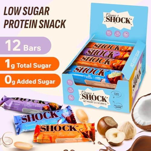 Fitness SHOCK Protein Bars Variety Pack - No Added Sugar, Low Calorie Low Carb Snack - Peanut Salted Caramel, Hazelnut Caramel, Coconut - 180 Kcal, 0g Added Sugar, 8g Fat, 13g Net Carbs - 12 x 50g