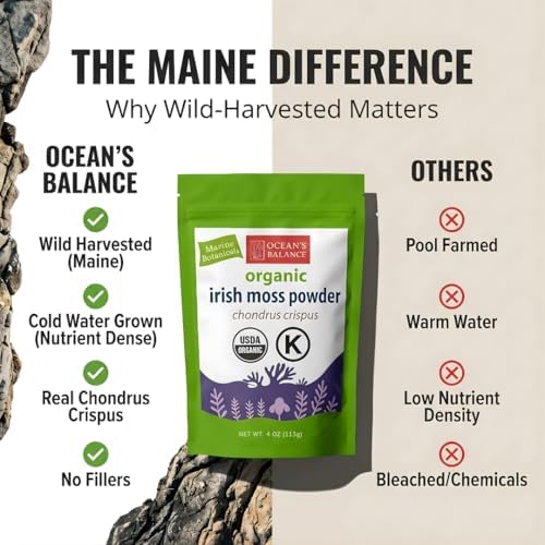 Ocean’s Balance Clean – Wild‑Harvested Maine Irish Sea Moss (Chondrus crispus) Powder | Vegan • Lab‑Tested Purity • 90+ Mineral Rich • Skin, Thyroid & Digestive Support 4 oz