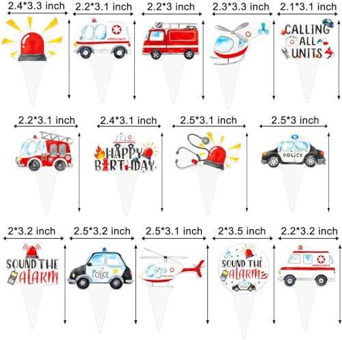 Emergency Vehicle Cupcake Toppers 48 Pieces Fire Truck Police Birthday Cake Picks Sound The Alarm Theme Party Decorations Emergency Ambulance Cake Decoration for Boys Rescue Party Baby Shower Supplies