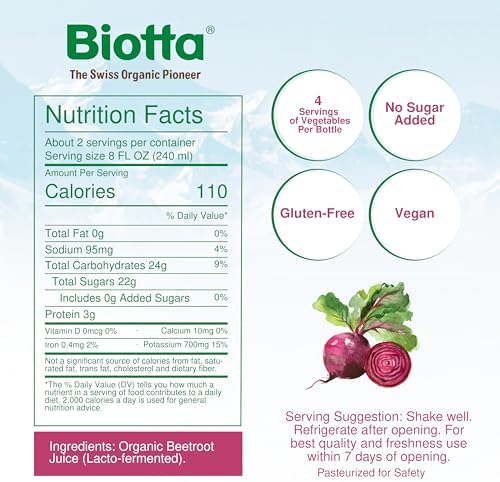 Biotta Organic Beet Juice - 100% Natural Beetroot Superfood - Helps Support Blood Pressure, Brain, Stamina & Energy - Natural Nitric Oxide & Potassium Booster - Gluten Free (32 Fl Oz, Pk of 4)