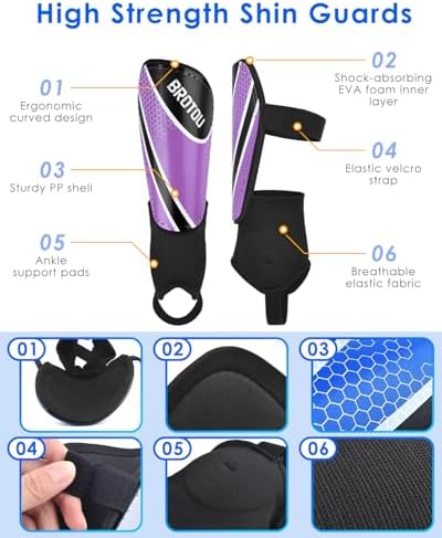 BROTOU Shin Guards Soccer Youth, Soccer Shin Guards for Kids 3-15, Light Weight Adjustable Straps Shin Pads Protection Equipment with Ankle and Leg Calf Protection