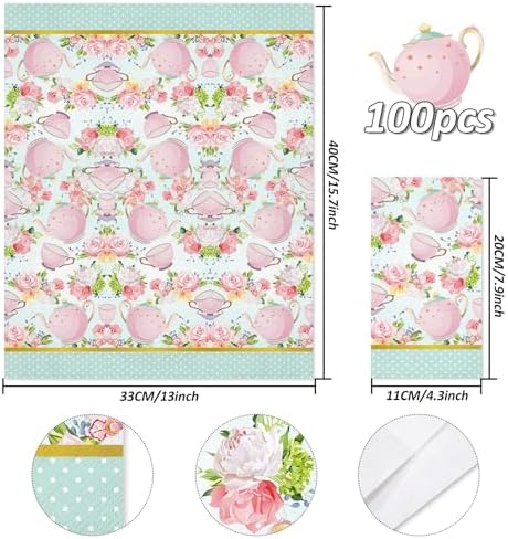 Whaline 100Pcs Floral Tea Party Paper Napkins Teacups Guest Napkins Disposable Dinner Hand Napkin Towel for Spring Mother's Day Bathroom Baby Shower Table Decor Supplies