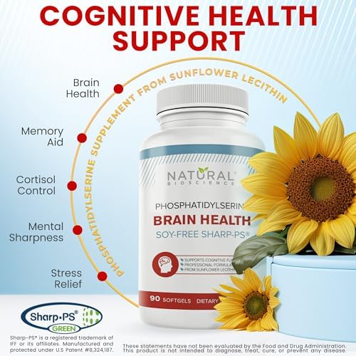 Soy Free Phosphatidylserine 100mg - Phosphatidylserine Supplement from Sunflower Lecithin, Patented Sharp PS100, Brain Health, Memory Aid, Cortisol Control, Mental Sharpness, Non GMO, 90 Softgels