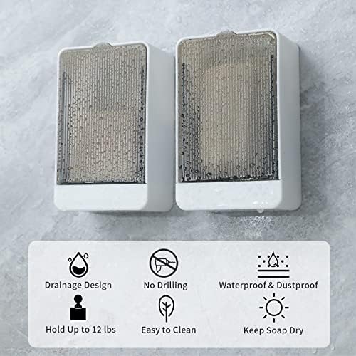 Bar Soap Holder Dish Shower 2 PCS Self Draining Soap Container with Lid, Wall Mounted Soap Box Tray for Bathroom Bathtub Sink, Waterproof White, Adhesive Include (White)