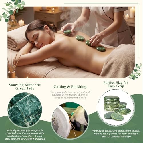 MTLEE 7 Pcs Hot Stones Massage Set Natural Green Jade Heated Warmer Stone, Round, Oval, Mushroom Shaped Hot Rocks, Body Gua Sha Massage Tool with Velvet Bag for Spa Relax, Relieve Tension, Muscle Pain