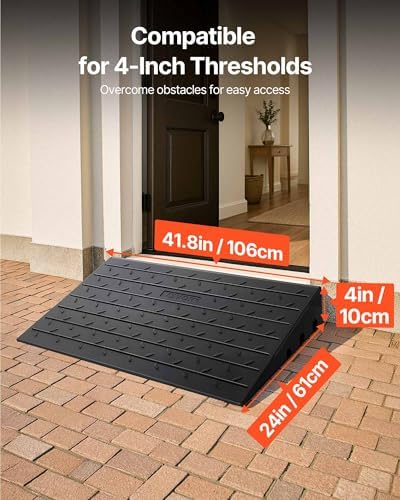 VEVOR 4" Rise Rubber Threshold Ramp, 3 Channels Cord Cover Door Ramp, No-Slip Surface, 2200 Lbs Load Capacity Rubber Ramp for for Home Doorways Driveways Curb Home Steps, 41.8" L x 24" W x 4" H, 65lbs