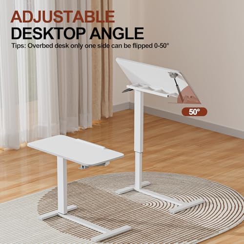 Mobile Standing Desk Portable Pneumatic Laptop Rolling Cart Adjustable Height, 26"-37" Tiltable Overbed Table Sit Stand Computer Workstations for Home Office w/Wheels Flat Desk 32", White