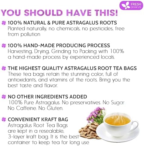 FreshDrinkUS, Premium 55 Astragalus Root Tea Bags, 100% Natural & Pure from Astragalus Root Herbal Tea. Made with Natural Material Tea Bags. No Sugar, No Caffeine, No Gluten, Vegan.