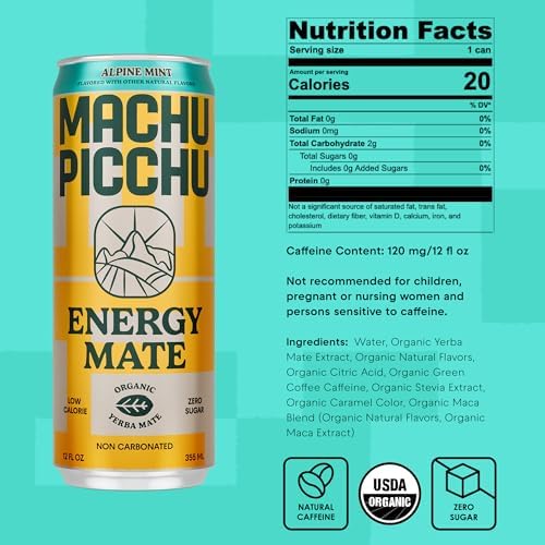 MACHU PICCHU 12-Pack-Alpine Mint Zero Sugar Energy Mate Drink – Non-Carbonated Yerba Mate, 120mg Organic Caffeine, Smooth Focus Without Jitters or Crash, Low Calorie, USDA Organic, 12oz Cans