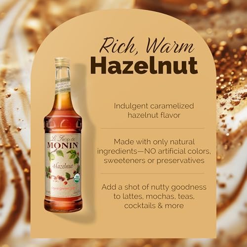 Monin - Organic Hazelnut Syrup, Nutty Taste of Caramelized Hazelnut, Natural Flavors, Great for Mochas, Lattes, Smoothies, Shakes, and Cocktails, Non-GMO, Gluten-Free (750 ml)
