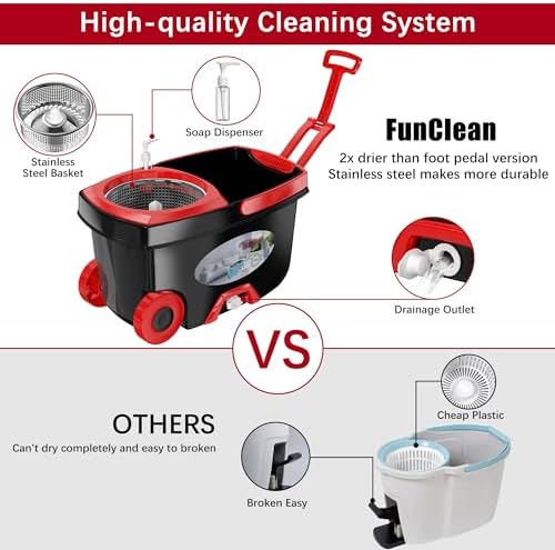 FunClean 360° Spin Mop and Bucket Set with Wringer, 6 Extra Microfiber Heads, 61" Extended Handle for Effortless Floor Cleaning, 2X Wheel Design - Black