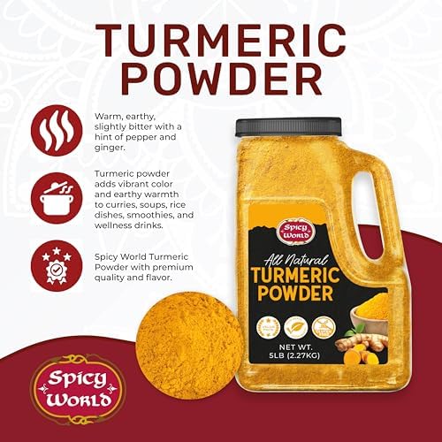 Spicy World Turmeric Powder 5 LB Jar – Gluten Free, Bulk Turmeric with Curcumin, Ground Haldi Spice for Cooking, Pure Curcuma Longa, Non-GMO