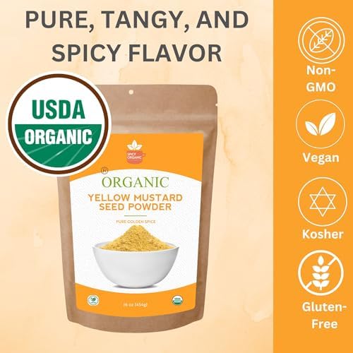 SPICY ORGANIC Ground Yellow Mustard Seeds Powder-8 Oz. – Certified USDA Organic - The Perfect Pickling Spice for Cooking with Authentic Flavor – Fresh, Non -Gmo, and Vibrantly Yellow