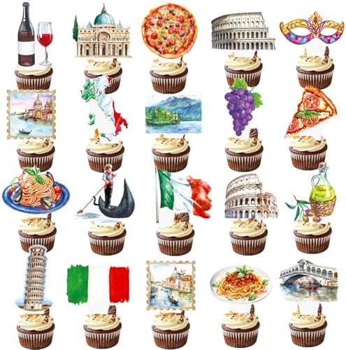 Italian Party Cupcake Toppers 48Pcs Italy theme birthday Cake Decorations Italy Pizza Party Decorations Rome Colosseum Cupcake Sticks for Buon Comleanno Party Supplies