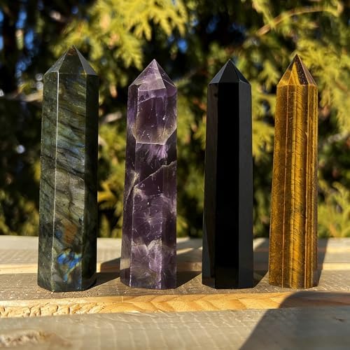 4Pcs 5.9 Inch Natural Crystal Obelisk Tower Set, Polished Hexagonal Point Wand, Obsidian Labradorite Amethyst Tiger's Eye Stone, Reiki Healing Crystal Obelisk Statue, Home Desktop Decor Spiritual Gift
