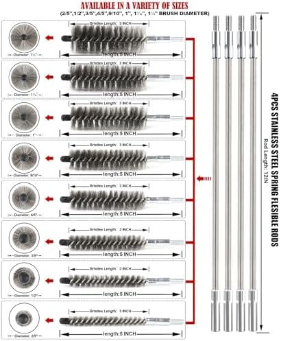 50 in Pipe Cleaning Brush Set with Stainless Steel Bristles, Wire Brush with 4pcs Stainless Steel Spring Flexible Rods, Stainless Steel Pipe Brush 8pcs for Auto Parts, Bottles, Tubes.