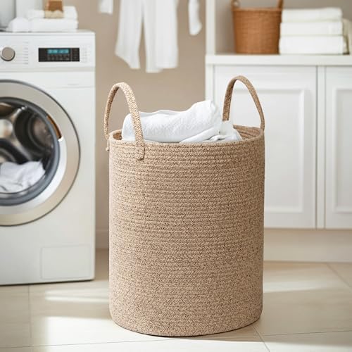 MEGASKET Large Woven Laundry Basket, 15"x18" Tall Blanket Storage for Living Room, Cute Nursery Kids Baby Laundry Hamper, Wicker Hamper for Bedroom Aesthetic, Cotton Rope Dirty Clothes Decor Basket