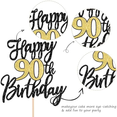 1 PCS Happy 90th Birthday Cake Topper Black Gold Glitter Cheers to 90 Years Birthday Cake Pick 90 Fabulous Cake Decoration for Happy 90th Birthday Anniversary Party Decorations Supplies