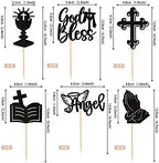 24 PCS God Bless Cupcake Toppers Glitter Angel Cross Cupcake Picks Grail Cross Cupcake Decoration for Church Baptism First Communion Baby Shower Birthday Party Cake Decorations Supplies Black