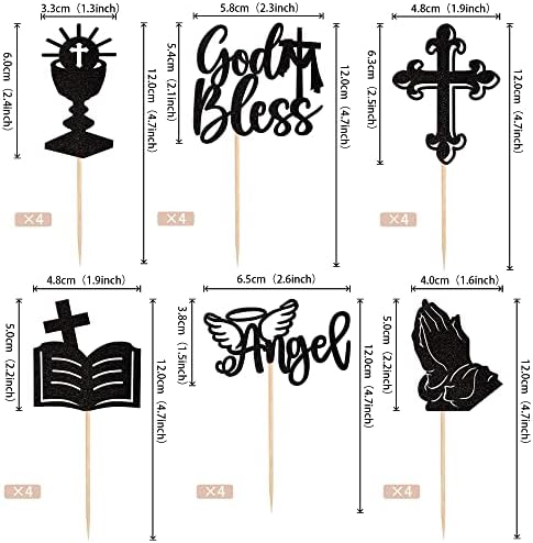 24 PCS God Bless Cupcake Toppers Glitter Angel Cross Cupcake Picks Grail Cross Cupcake Decoration for Church Baptism First Communion Baby Shower Birthday Party Cake Decorations Supplies Black
