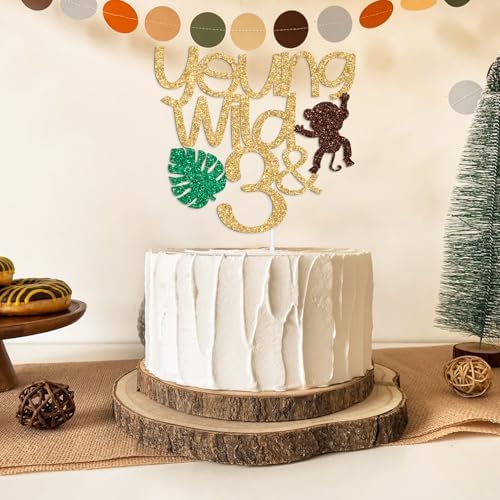 Young Wild and Three Cake Topper, Happy 3rd Birthday Decorations, for Kids 3rd Birthday Party Cake Decor, Gold and Brown Glitter